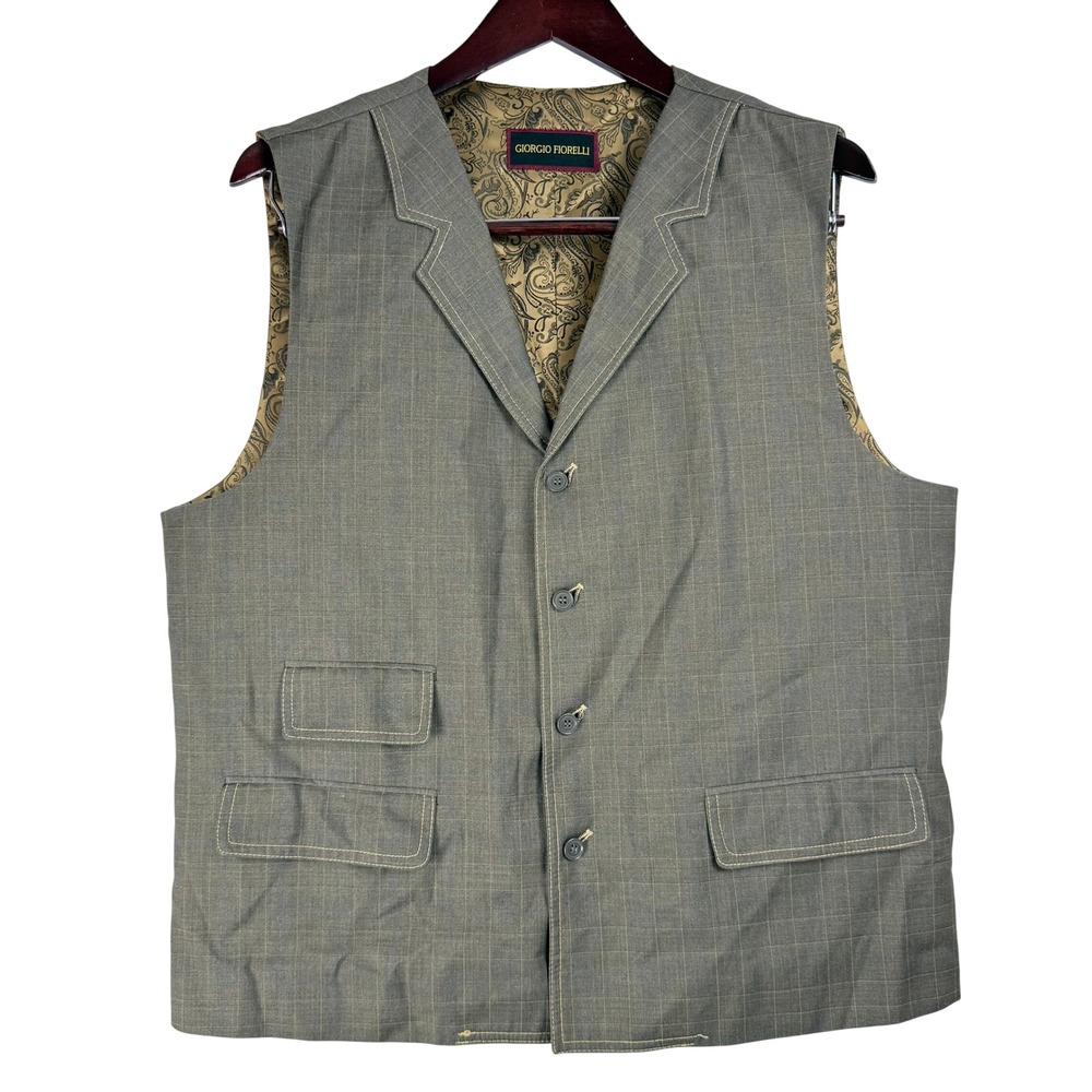 Giorgio Fiorelli Mens Vest 44 Grey Windowpane Plaid Notch Lapel Paisley Lining